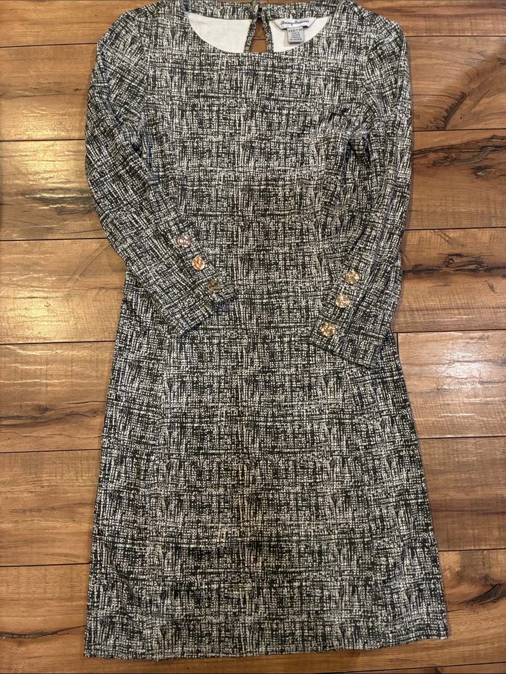 Tommy Bahama Black and White Textured Midi Dress with Gold Buttons